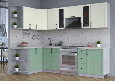 Кухонный гарнитур Интерлиния Тренд 1.5x2.7 левая (мята/белый/бискайская сосна)