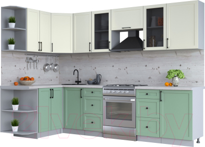 Кухонный гарнитур Интерлиния Тренд 1.5x2.9 левая (мята/белый/бискайская сосна) - фото