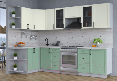 Кухонный гарнитур Интерлиния Тренд 1.5x2.9 левая (мята/белый/бискайская сосна)