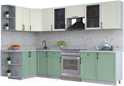 Кухонный гарнитур Интерлиния Тренд 1.5x3.1 левая (мята/белый/бискайская сосна) - фото