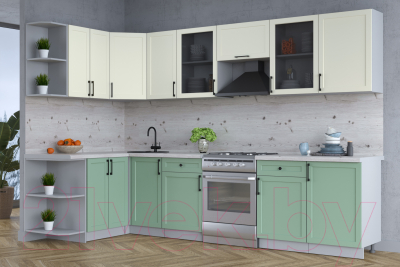 Кухонный гарнитур Интерлиния Тренд 1.5x3.1 левая (мята/белый/бискайская сосна)