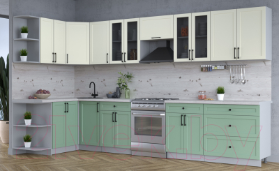 Кухонный гарнитур Интерлиния Тренд 1.5x3.6 левая (мята/белый/бискайская сосна)