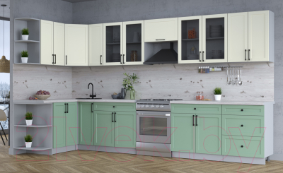 Кухонный гарнитур Интерлиния Тренд 1.5x3.7 левая (мята/белый/бискайская сосна)
