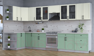 Кухонный гарнитур Интерлиния Тренд 1.5x3.8 левая (мята/белый/бискайская сосна)