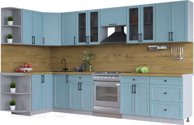 Кухонный гарнитур Интерлиния Тренд 1.5x3.4 левая (океан/океан/дуб бунратти) - фото