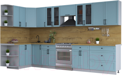 Кухонный гарнитур Интерлиния Тренд 1.5x3.6 левая (океан/океан/дуб бунратти) - фото