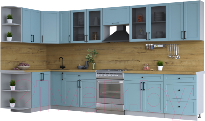 Кухонный гарнитур Интерлиния Тренд 1.5x3.7 левая (океан/океан/дуб бунратти) - фото