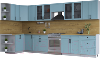 Кухонный гарнитур Интерлиния Тренд 1.5x3.8 левая (океан/океан/дуб бунратти) - фото