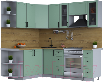 Кухонный гарнитур Интерлиния Тренд 1.7x2.2 левая (мята/мята/дуб бунратти) - фото