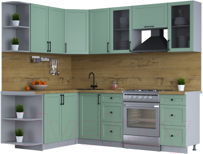 Кухонный гарнитур Интерлиния Тренд 1.7x2.4 левая (мята/мята/дуб бунратти) - фото