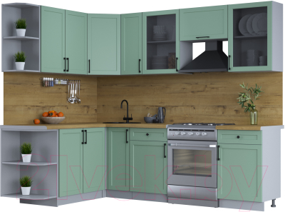 Кухонный гарнитур Интерлиния Тренд 1.7x2.5 левая (мята/мята/дуб бунратти) - фото