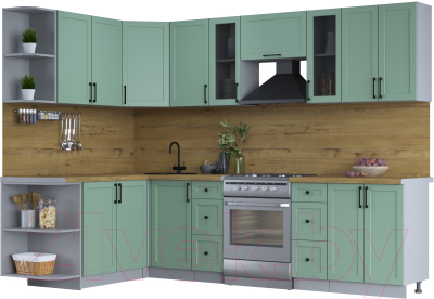 Кухонный гарнитур Интерлиния Тренд 1.7x2.8 левая (мята/мята/дуб бунратти) - фото