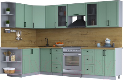 Кухонный гарнитур Интерлиния Тренд 1.7x3.0 левая (мята/мята/дуб бунратти) - фото