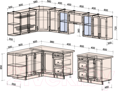 Кухонный гарнитур Интерлиния Тренд 1.7x3.0 левая (мята/мята/дуб бунратти)