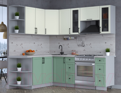 Кухонный гарнитур Интерлиния Тренд 1.7x2.2 левая (мята/белый/бискайская сосна)