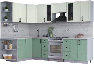 Кухонный гарнитур Интерлиния Тренд 1.7x2.8 левая (мята/белый/бискайская сосна) - фото