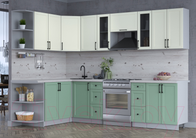 Кухонный гарнитур Интерлиния Тренд 1.7x2.8 левая (мята/белый/бискайская сосна)