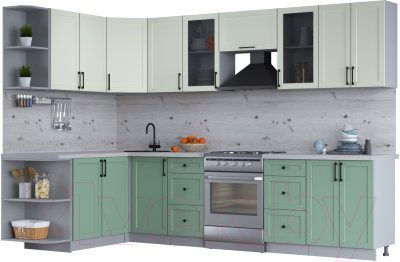Кухонный гарнитур Интерлиния Тренд 1.7x3.0 левая (мята/белый/бискайская сосна) - фото