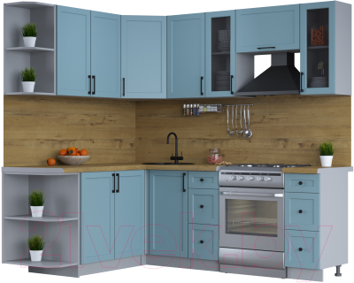 Кухонный гарнитур Интерлиния Тренд 1.7x2.2 левая (океан/океан/дуб бунратти) - фото