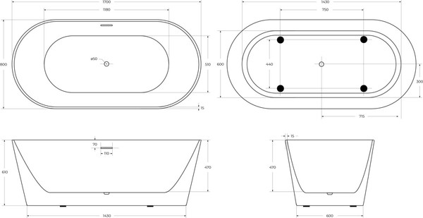 Ванна акриловая BelBagno BB416-1700-800