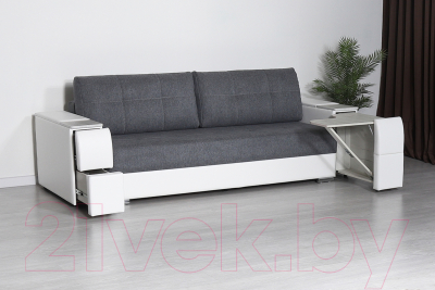 Диван DiArt Бруклин (рогожка/кожзам Ravena Grafit/Marvel White/накладки МДФ крафт)