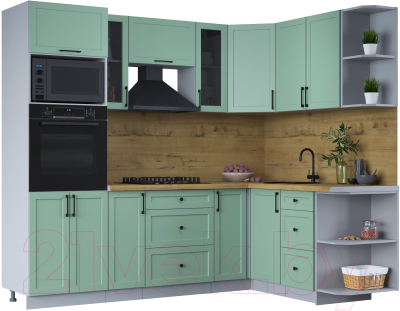 Кухонный гарнитур Интерлиния Тренд 1.68x2.4 ВТ правая (мята/мята/дуб бунратти) - фото