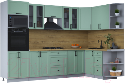 Кухонный гарнитур Интерлиния Тренд 1.68x3.0 ВТ правая (мята/мята/дуб бунратти) - фото