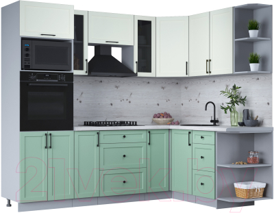 Кухонный гарнитур Интерлиния Тренд 1.68x2.4 ВТ правая (мята/белый/бискайская сосна) - фото