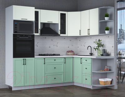Кухонный гарнитур Интерлиния Тренд 1.68x2.4 ВТ правая (мята/белый/бискайская сосна)