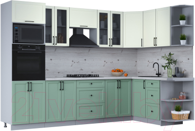 Кухонный гарнитур Интерлиния Тренд 1.68x3.0 ВТ правая (мята/белый/бискайская сосна) - фото