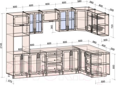 Кухонный гарнитур Интерлиния Тренд 1.68x3.0 ВТ правая (океан/океан/дуб бунратти)