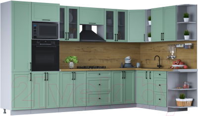 Кухонный гарнитур Интерлиния Тренд 1.88x3.4 ВТ правая (мята/мята/дуб бунратти) - фото