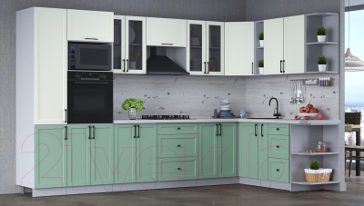 Кухонный гарнитур Интерлиния Тренд 1.88x3.4 ВТ правая (мята/белый/бискайская сосна)