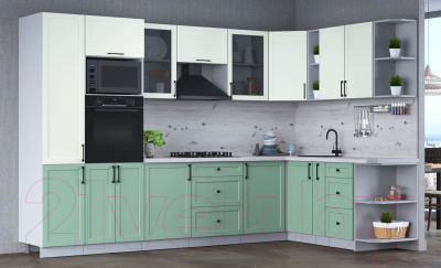 Кухонный гарнитур Интерлиния Тренд 1.88x3.2 ВТ правая (мята/белый/бискайская сосна)