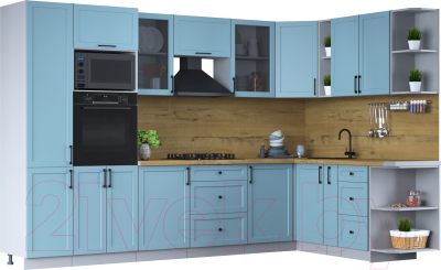 Кухонный гарнитур Интерлиния Тренд 1.88x3.2 ВТ правая (океан/океан/дуб бунратти) - фото