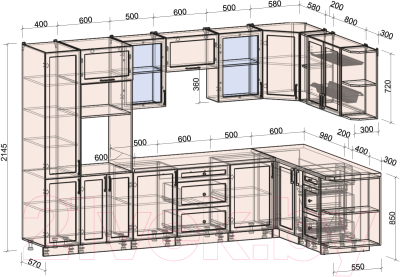 Кухонный гарнитур Интерлиния Тренд 1.88x3.2 ВТ правая (океан/океан/дуб бунратти)