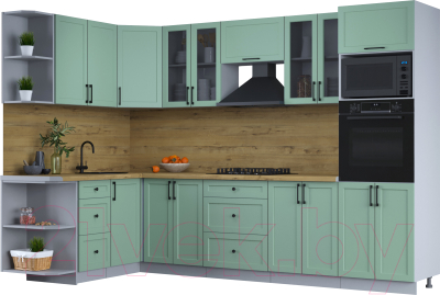 Кухонный гарнитур Интерлиния Тренд 1.68x3.0 ВТ левая (мята/мята/дуб бунратти) - фото