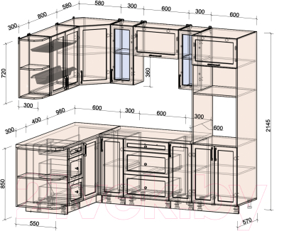 Кухонный гарнитур Интерлиния Тренд 1.68x2.4 ВТ левая (мята/мята/дуб бунратти)