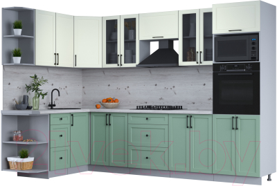 Кухонный гарнитур Интерлиния Тренд 1.68x3.0 ВТ левая (мята/белый/бискайская сосна) - фото