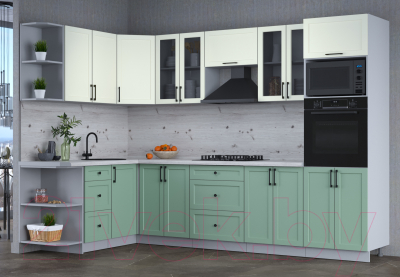 Кухонный гарнитур Интерлиния Тренд 1.68x3.0 ВТ левая (мята/белый/бискайская сосна)