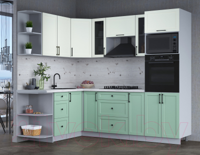 Кухонный гарнитур Интерлиния Тренд 1.68x2.4 ВТ левая (мята/белый/бискайская сосна)