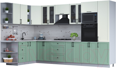 Кухонный гарнитур Интерлиния Тренд 1.88x3.4 ВТ левая (мята/белый/бискайская сосна) - фото