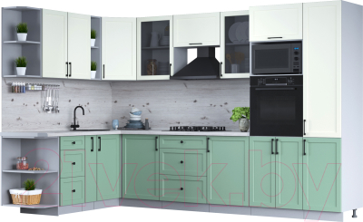 Кухонный гарнитур Интерлиния Тренд 1.88x3.2 ВТ левая (мята/белый/бискайская сосна) - фото