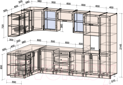 Кухонный гарнитур Интерлиния Тренд 1.88x3.2 ВТ левая (мята/белый/бискайская сосна)
