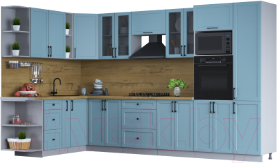 Кухонный гарнитур Интерлиния Тренд 1.88x3.4 ВТ левая (океан/океан/дуб бунратти) - фото