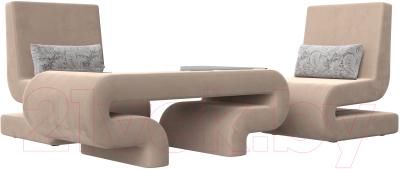Комплект мягкой мебели Лига Диванов Волна набор 3 (велюр бежевый) - фото