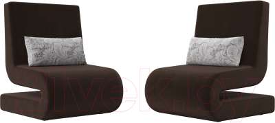 Набор мягких кресел Лига Диванов Волна (микровельвет коричневый/подушки велюр серый с узором)
