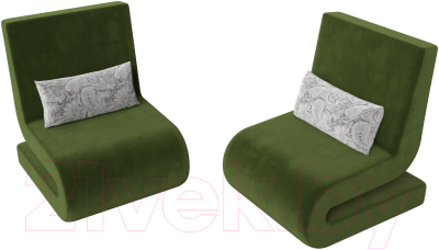 Набор мягких кресел Лига Диванов Волна (микровельвет зеленый/подушки велюр серый с узором)