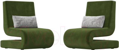 Набор мягких кресел Лига Диванов Волна (микровельвет зеленый/подушки велюр серый с узором)