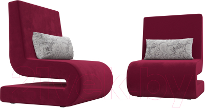 Набор мягких кресел Лига Диванов Волна (микровельвет бордовый/подушки велюр серый с узором)